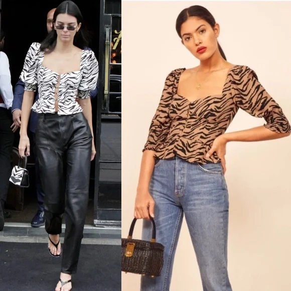 NWT REFORMATION Tiger Stripe Sweetheart Neck Puff Sleeve Peplum Coquette Top 0 - Picture 3 of 8